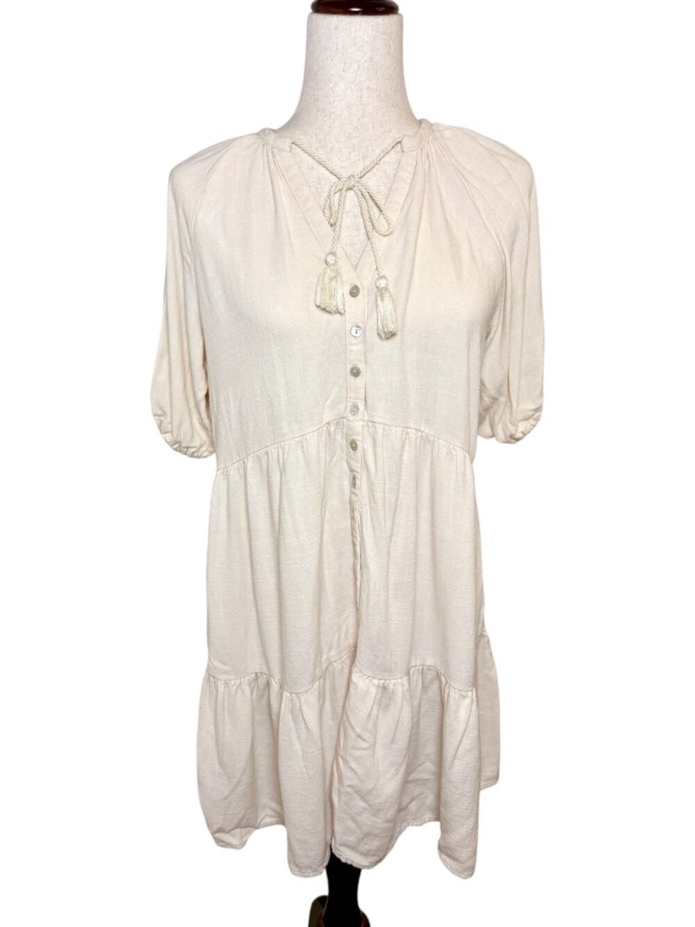 Black Tape Cream White Tassel Tiered Peasant Dress Boho Cottagecore Size XS